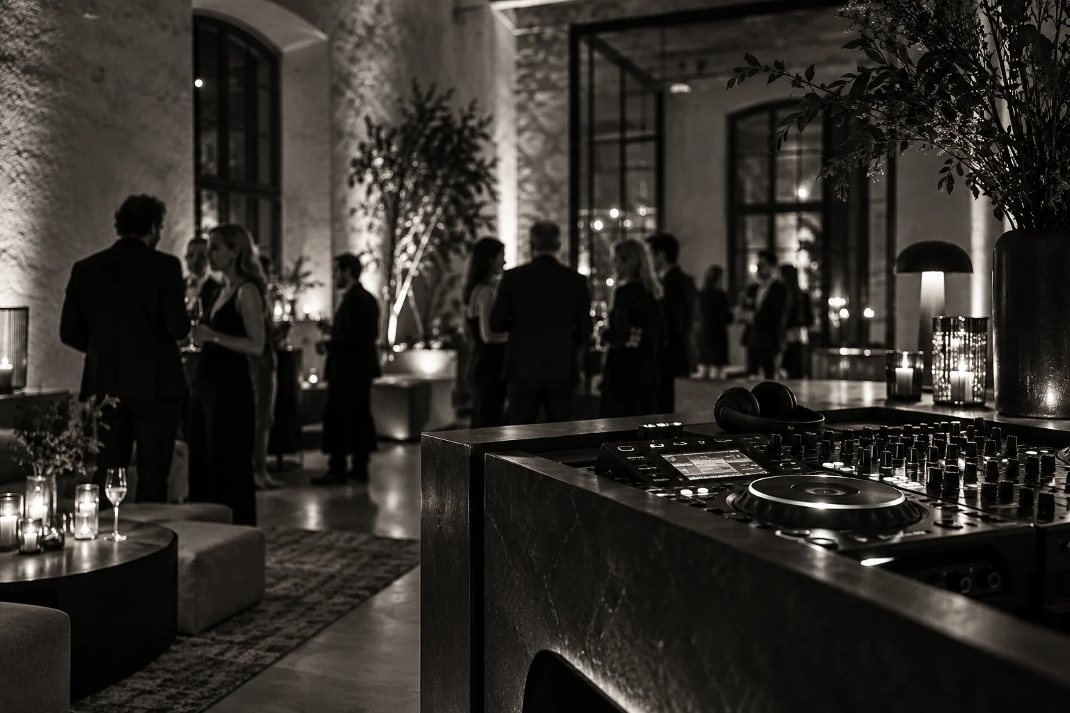 Saaluia – Events und Markenauftritte Illustratives Schwarz-Weiß-Motiv: DJ-Pult und Gäste in einer stilvollen Eventlocation