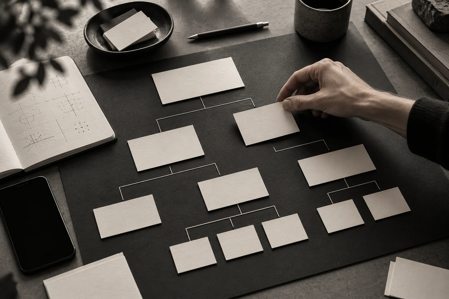 Saaluia – Software und digitale Systeme Illustratives Schwarz-Weiß-Motiv: Planung eines digitalen Arbeitsablaufs mit verbundenen Karten