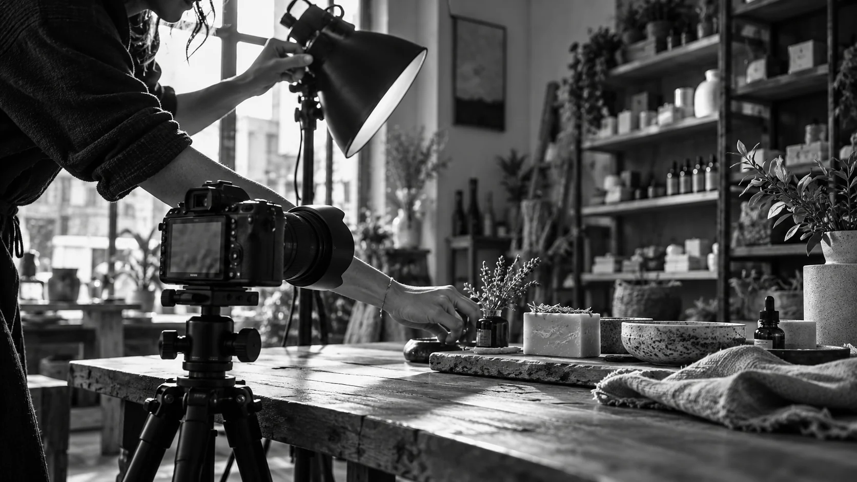 Illustratives Schwarz-Weiß-Motiv: Kamera und Licht beim Filmen eines Produktarrangements