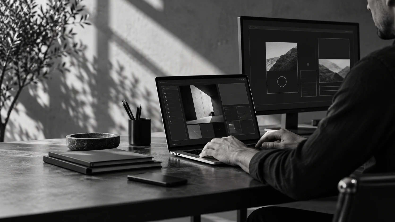 Saaluia Solutions – Websites und individuelle Software Illustratives Schwarz-Weiß-Motiv: Gestaltung einer Website am Laptop und Bildschirm